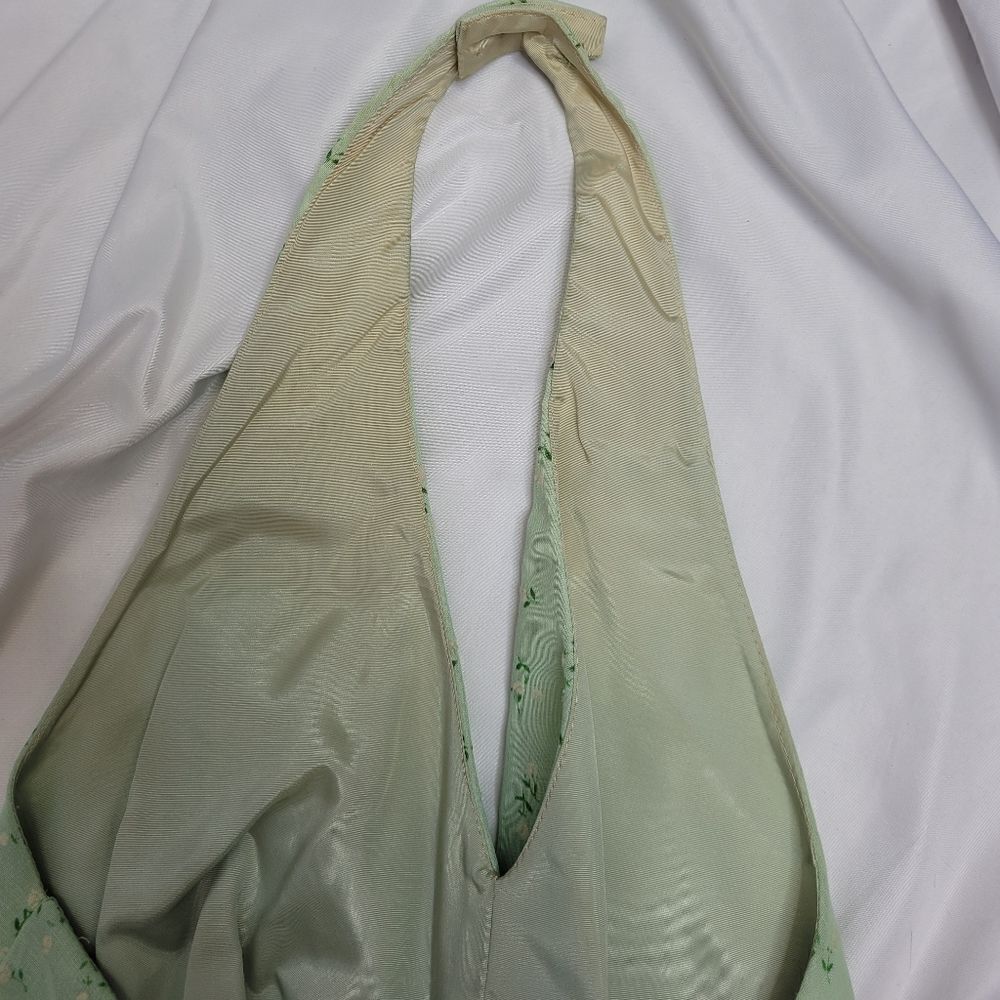 VINTAGE 70s sage‎ green tiny floral hippie boho ruffle halter maxi dress XS - Picture 5 of 12